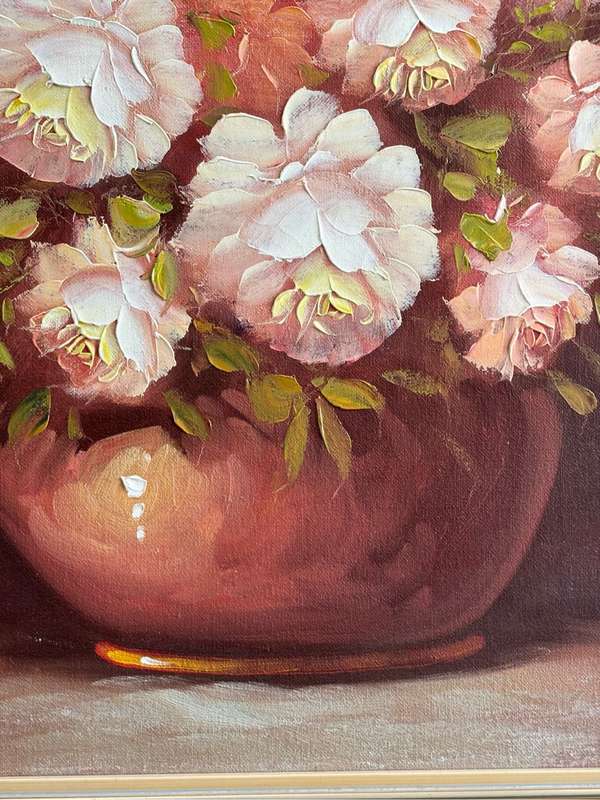 Robert Cox Original Oil on Board Pink white Flowers in vase 70cm x 100cm with Frame