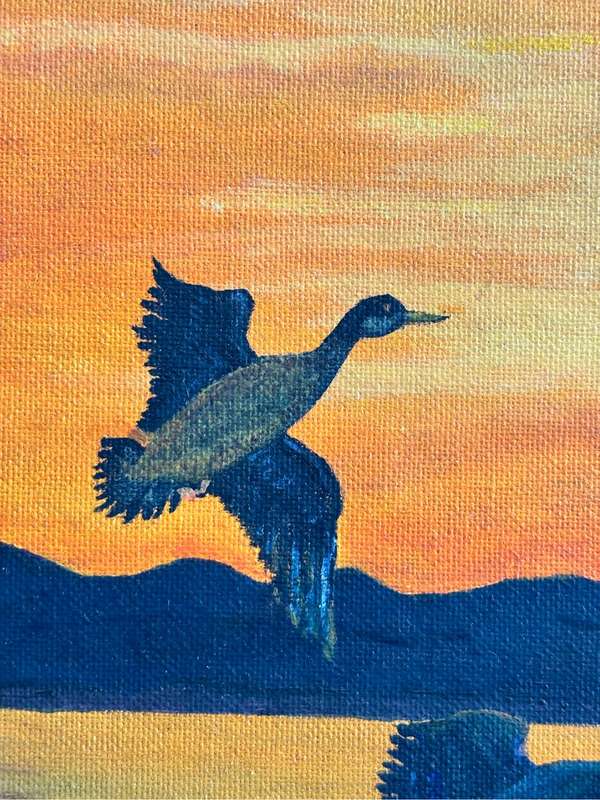 Painting by R Ainscow 1995 Two birds flying in sunset 36cm x 46cm with frame oil on board