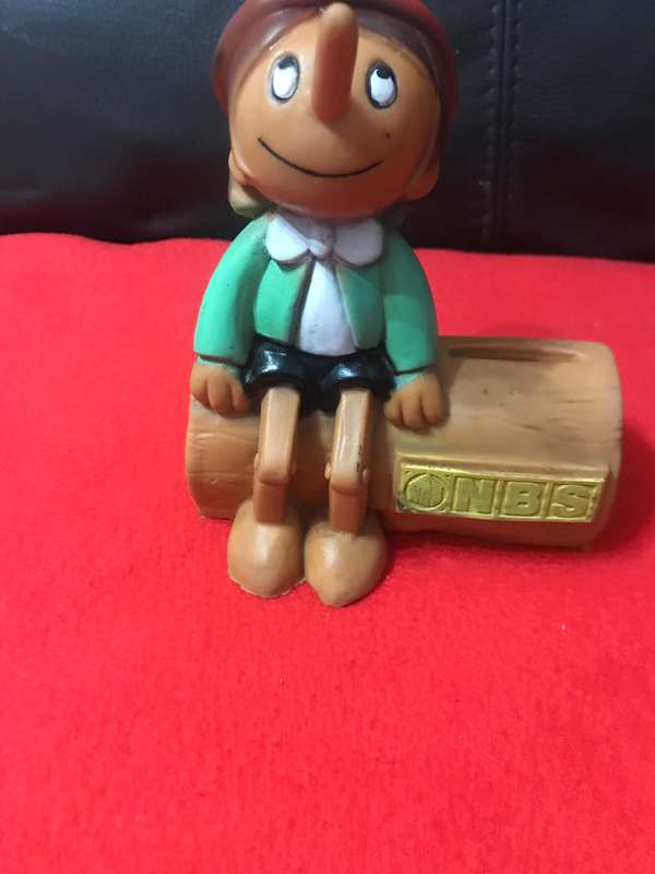 Pinocchio Money Box with lid  1979 NBS Bank rubber Apollo Film  by Prima Toys