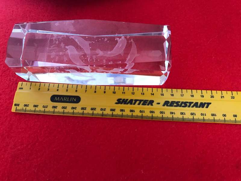 Laser Etched Glass Block Beveled PAPERWEIGHT 3D ORNAMENT Rectangle DOLPHINES 15cm