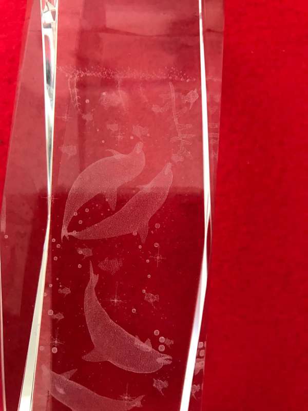 Laser Etched Glass Block Beveled PAPERWEIGHT 3D ORNAMENT Rectangle DOLPHINES 15cm