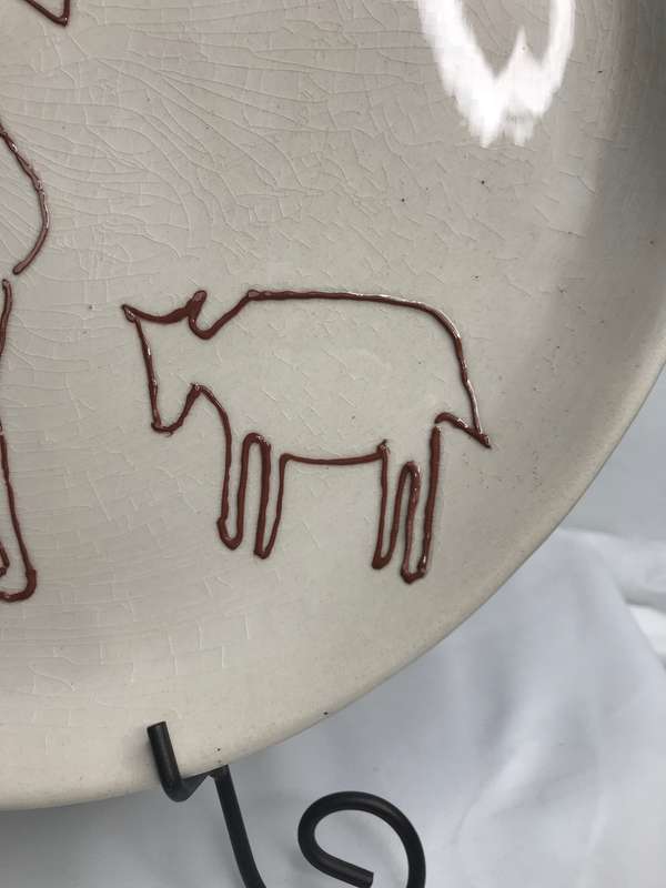 African Pottery Ceramic Large Art Plate Shepherd Sheep Birds