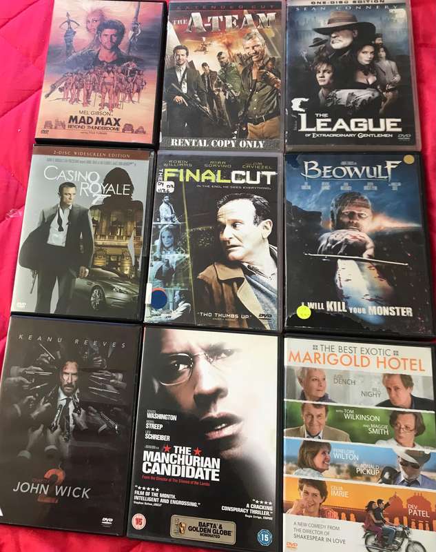 9,DVD Movie Lot John Wick 2, Marigold Hotel, Beowulf, Mad Max 3, Final Cut, A-Team, etc.