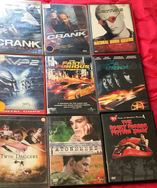 DVD Lot Crank 1&2, Alien vs Predator, Twin Daggers, Atonement, Rocky horror picture show, etc.