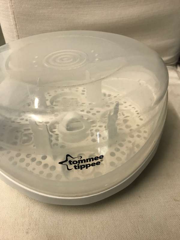 Tommee Tippee Micro-Steam Microwave Steriliser. It destroys 99.9% of hazardous germs that might accu