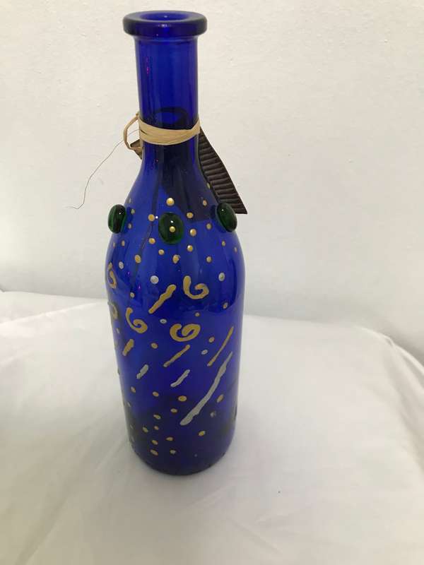 Vintage Cobalt Blue Glass Bottle HAND PAINTED, UNIQUE