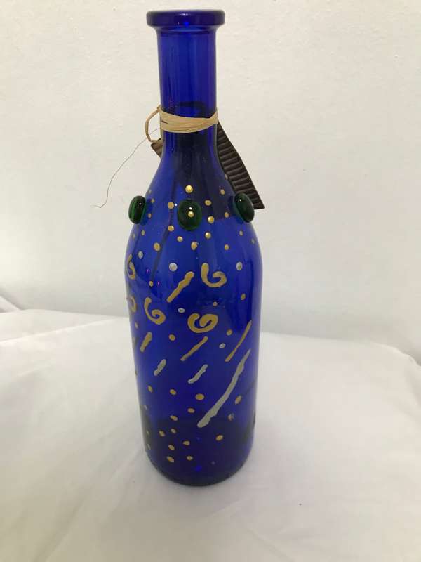 Vintage Cobalt Blue Glass Bottle HAND PAINTED, UNIQUE
