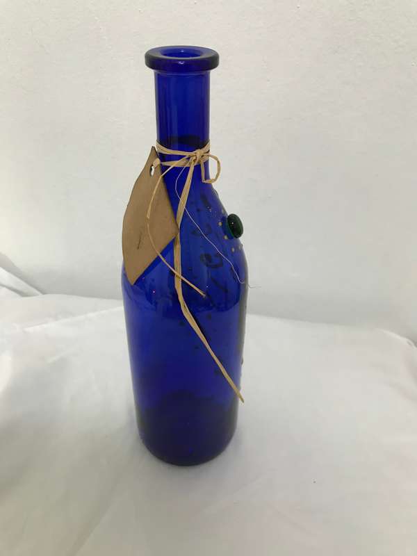 Vintage Cobalt Blue Glass Bottle HAND PAINTED, UNIQUE