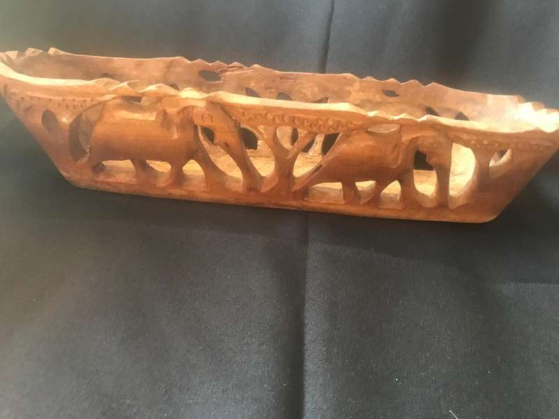 Safari African Hand Carved Wood Fruit Decorative Basket 38cm long