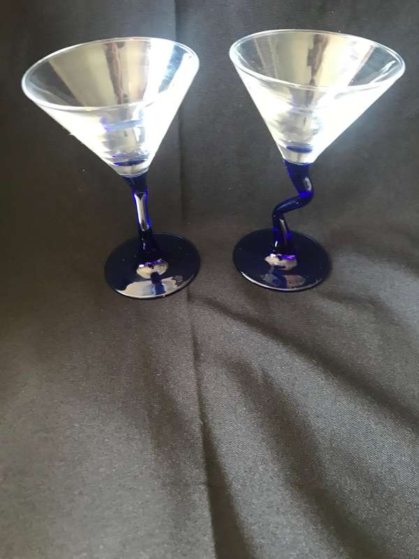 2 Vintage Martini Glasses. Blue Squiggle Stem Cocktail Glasses. Cocktail Party Glasses. Entertaining