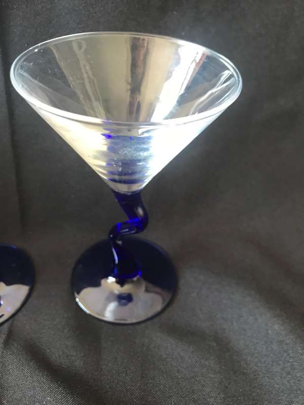 2 Vintage Martini Glasses. Blue Squiggle Stem Cocktail Glasses. Cocktail Party Glasses. Entertaining