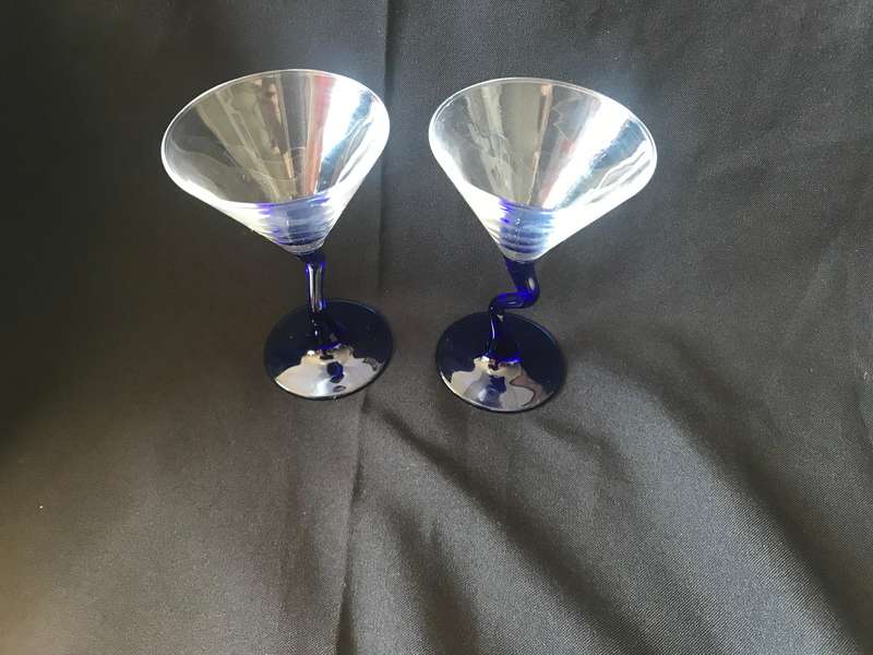 2 Vintage Martini Glasses. Blue Squiggle Stem Cocktail Glasses. Cocktail Party Glasses. Entertaining