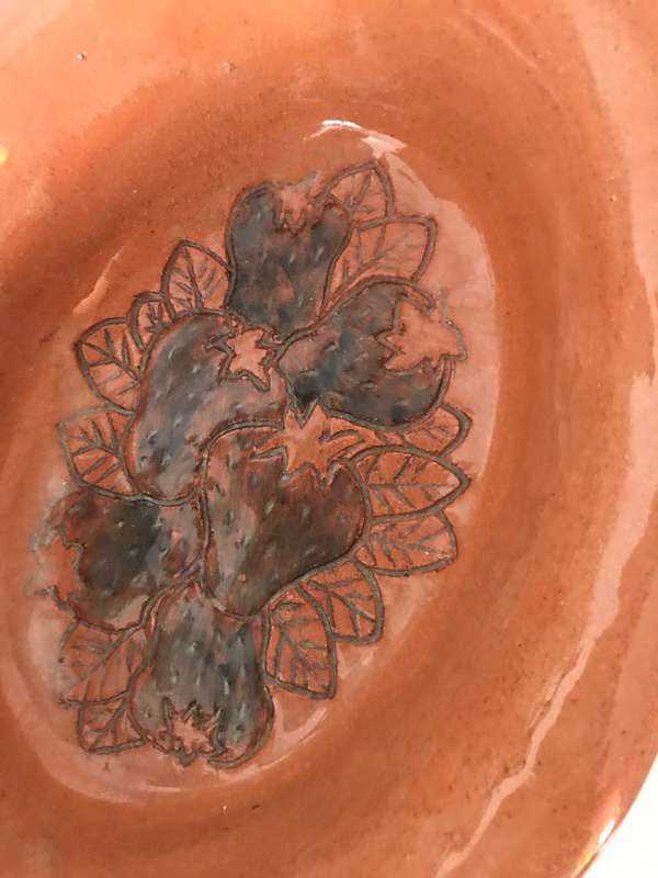 Pottery Bowl Glazed Etching Strawberries design inside