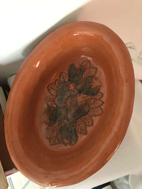 Pottery Bowl Glazed Etching Strawberries design inside