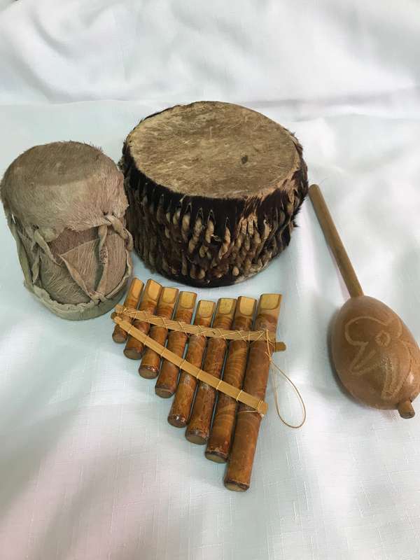 Africa Music Instruments Vintage 2 x Amimal Hide Drums small, Bamboo Flute, Percival Kirby