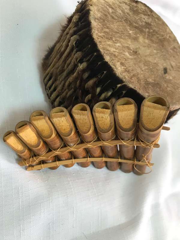 Africa Music Instruments Vintage 2 x Amimal Hide Drums small, Bamboo Flute, Percival Kirby