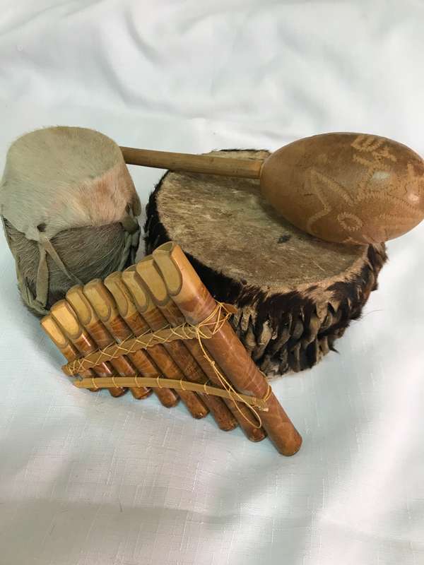 Africa Music Instruments Vintage 2 x Amimal Hide Drums small, Bamboo Flute, Percival Kirby