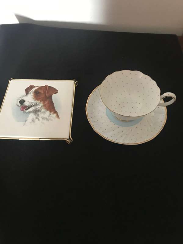 William James cup and saucer with Decorative Porcelain Tile Coaster Featuring Dog Portrait,