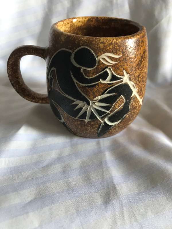 South African Crescent Pottery Mug Hand Painted Cup Ethnic Tribal Life