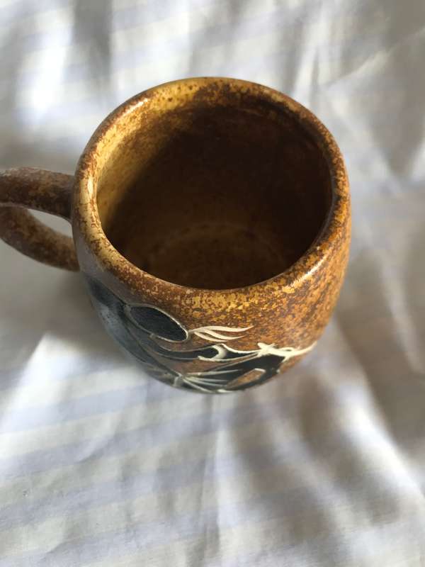 South African Crescent Pottery Mug Hand Painted Cup Ethnic Tribal Life