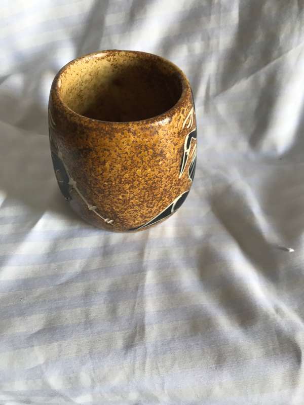 South African Crescent Pottery Mug Hand Painted Cup Ethnic Tribal Life