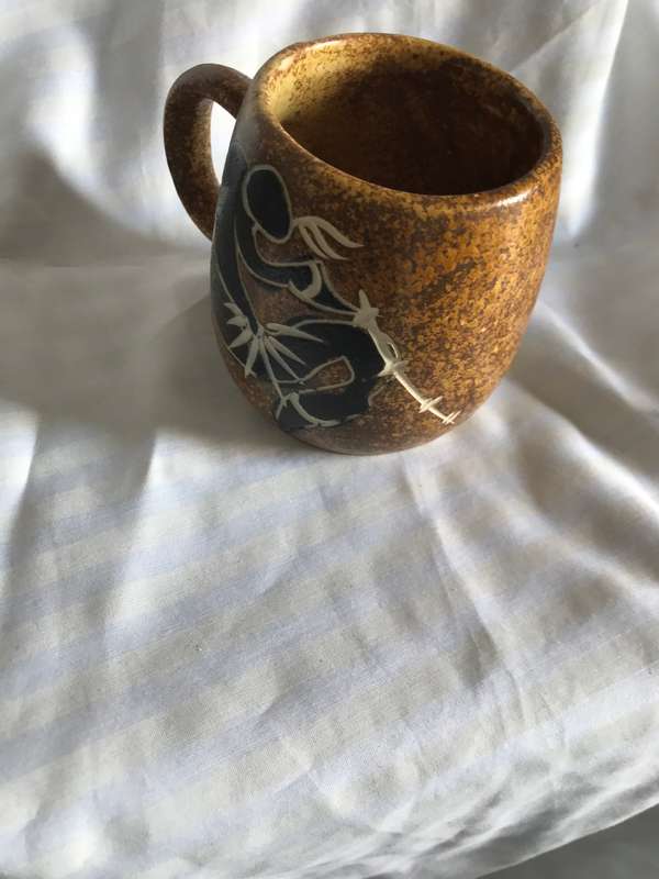 South African Crescent Pottery Mug Hand Painted Cup Ethnic Tribal Life
