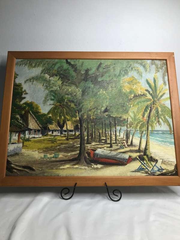 Oil on Board Painting Beachfront Trees Palm Houses Boat mid century frame 66cm x 51cm signed