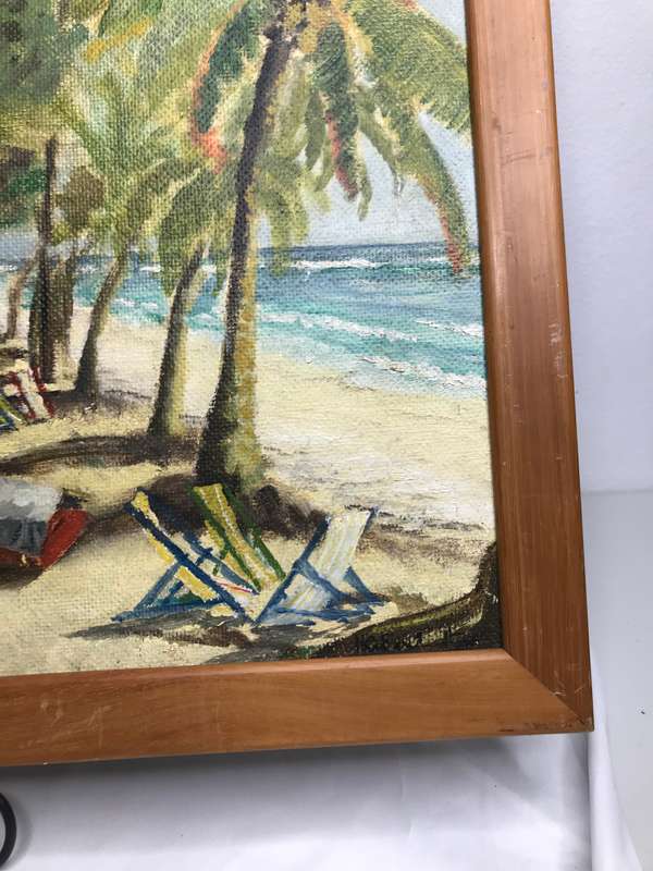 Oil on Board Painting Beachfront Trees Palm Houses Boat mid century frame 66cm x 51cm signed