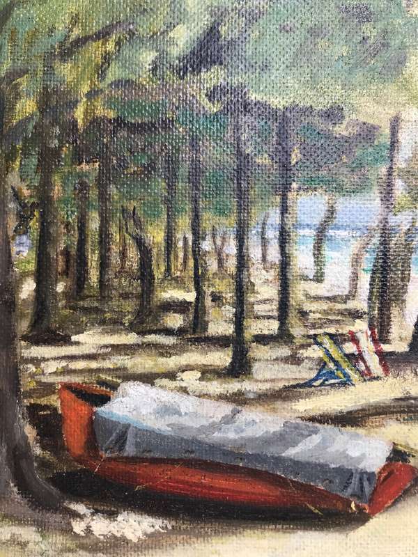 Oil on Board Painting Beachfront Trees Palm Houses Boat mid century frame 66cm x 51cm signed