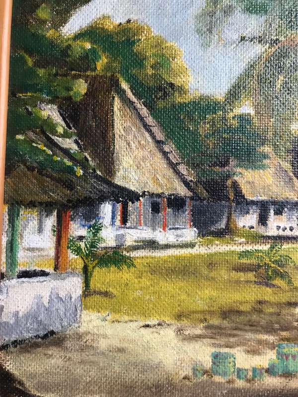 Oil on Board Painting Beachfront Trees Palm Houses Boat mid century frame 66cm x 51cm signed