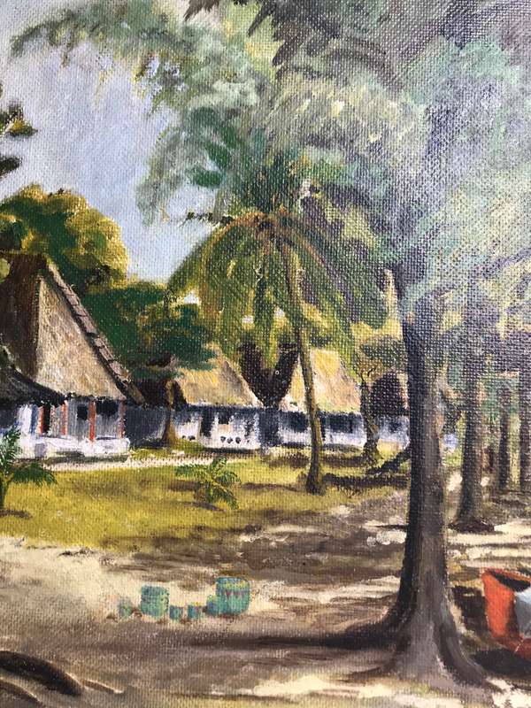 Oil on Board Painting Beachfront Trees Palm Houses Boat mid century frame 66cm x 51cm signed