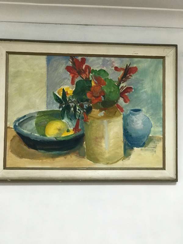 Painting Oil on Board Still Flowers Fruit Bowl   century frame 72cm x 55cm