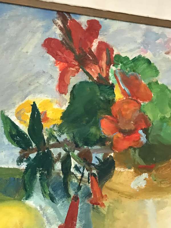 Painting Oil on Board Still Flowers Fruit Bowl   century frame 72cm x 55cm