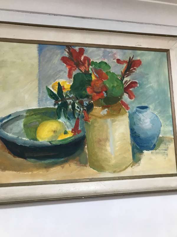Painting Oil on Board Still Flowers Fruit Bowl   century frame 72cm x 55cm