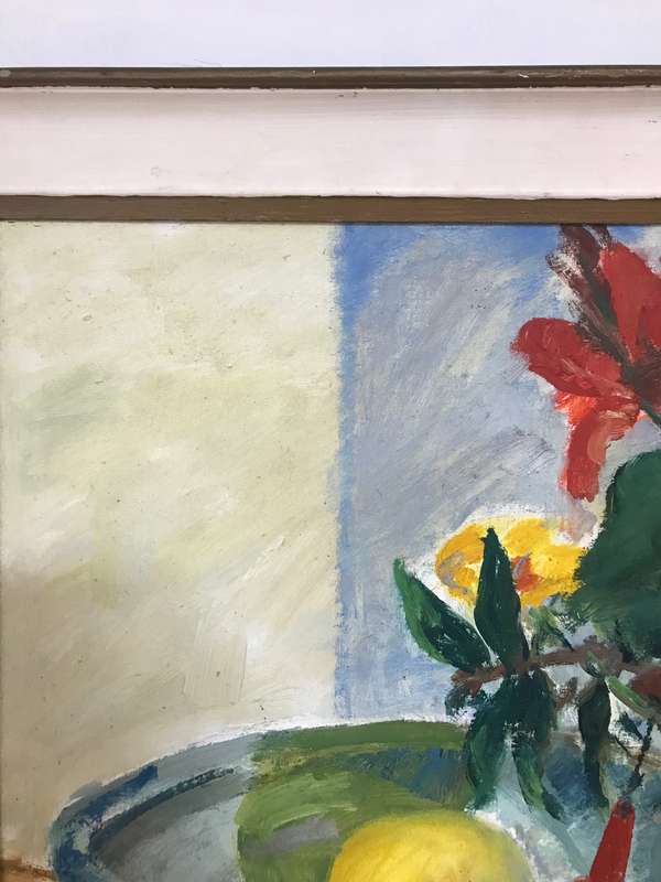 Painting Oil on Board Still Flowers Fruit Bowl   century frame 72cm x 55cm