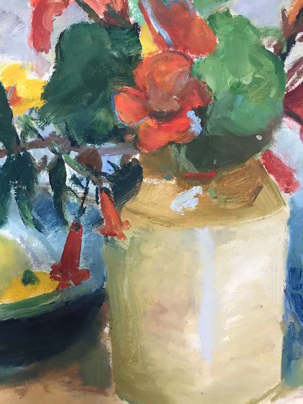 Painting Oil on Board Still Flowers Fruit Bowl   century frame 72cm x 55cm