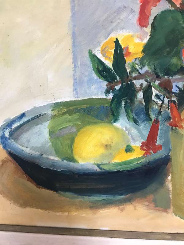 Painting Oil on Board Still Flowers Fruit Bowl   century frame 72cm x 55cm