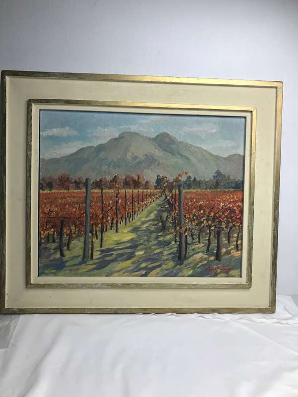 Oil Painting on Board Vineyard Man Mountain Sky Landscape frame 68cm x 59cm MID 20th Century
