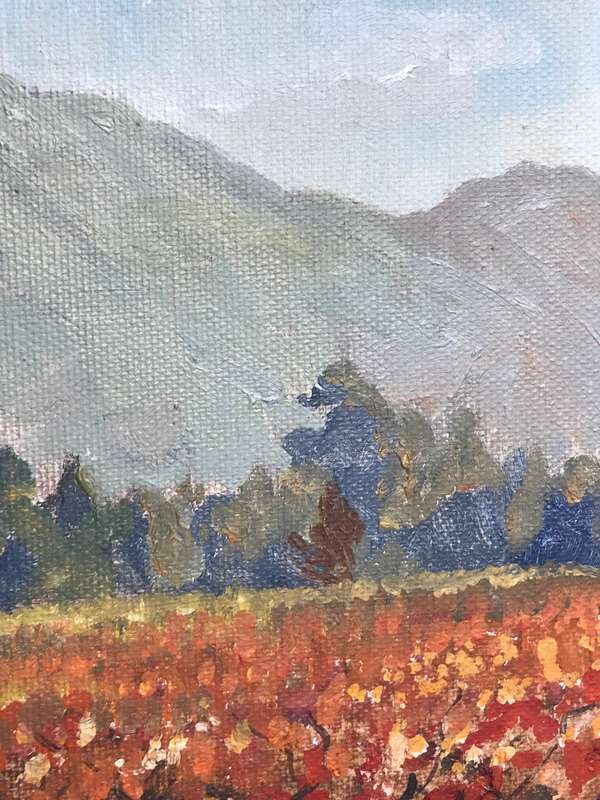 Oil Painting on Board Vineyard Man Mountain Sky Landscape frame 68cm x 59cm MID 20th Century