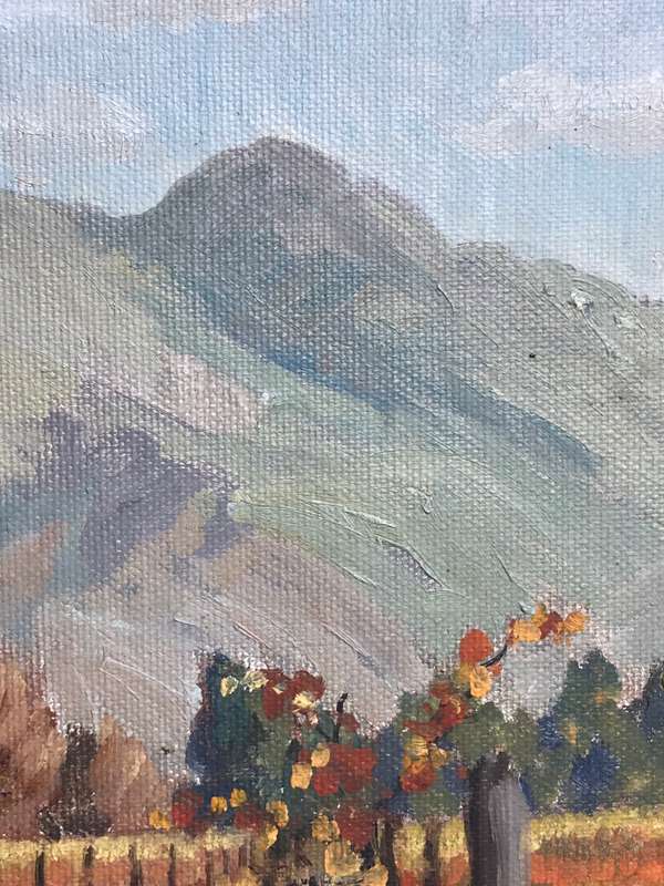 Oil Painting on Board Vineyard Man Mountain Sky Landscape frame 68cm x 59cm MID 20th Century
