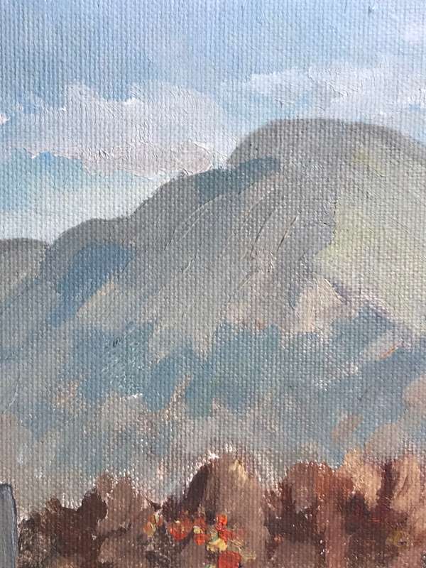 Oil Painting on Board Vineyard Man Mountain Sky Landscape frame 68cm x 59cm MID 20th Century