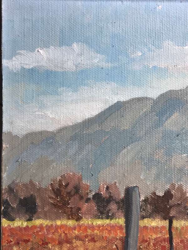 Oil Painting on Board Vineyard Man Mountain Sky Landscape frame 68cm x 59cm MID 20th Century