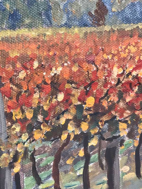 Oil Painting on Board Vineyard Man Mountain Sky Landscape frame 68cm x 59cm MID 20th Century