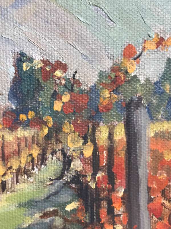 Oil Painting on Board Vineyard Man Mountain Sky Landscape frame 68cm x 59cm MID 20th Century