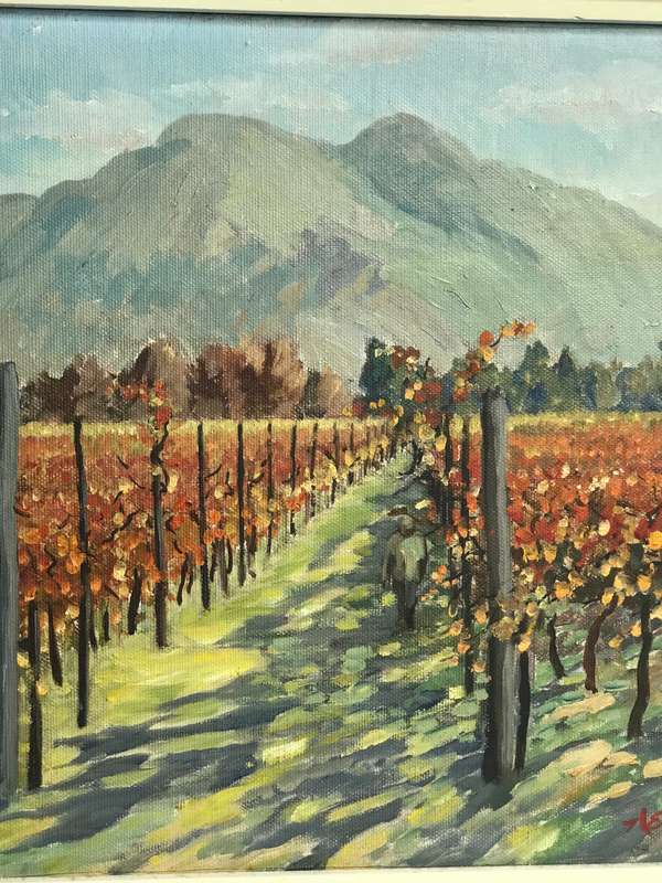 Oil Painting on Board Vineyard Man Mountain Sky Landscape frame 68cm x 59cm MID 20th Century