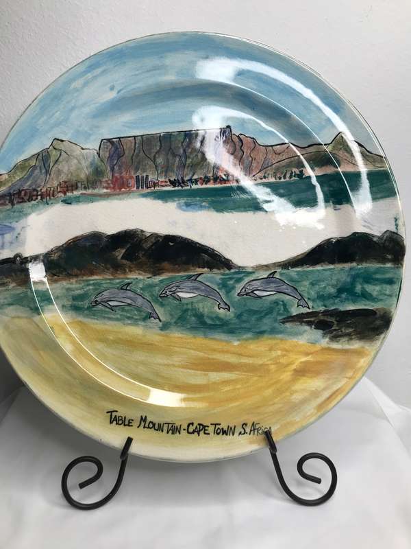 Art Plate Hand Painted  Table Mountain Sea Dolphins 33cm diameter BIG