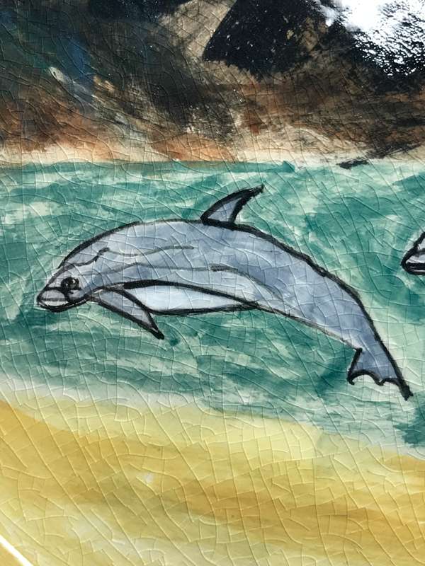 Art Plate Hand Painted  Table Mountain Sea Dolphins 33cm diameter BIG