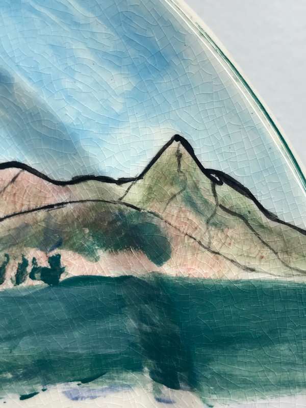 Art Plate Hand Painted  Table Mountain Sea Dolphins 33cm diameter BIG