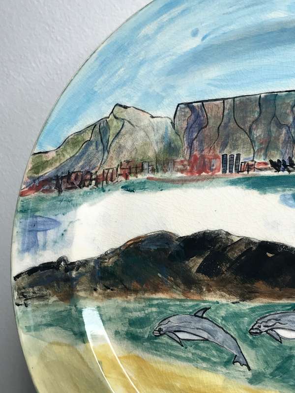 Art Plate Hand Painted  Table Mountain Sea Dolphins 33cm diameter BIG