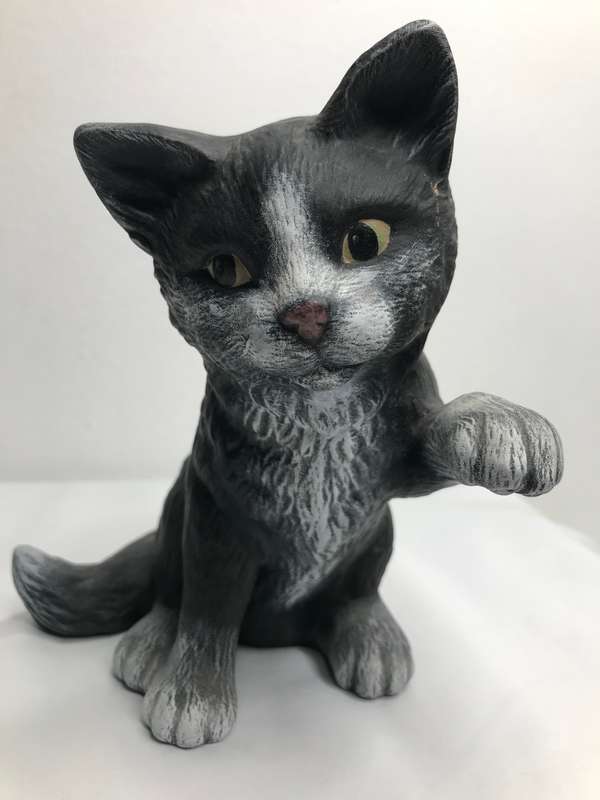 Cat Figurine Paw Up Black 21cm long Porcelain